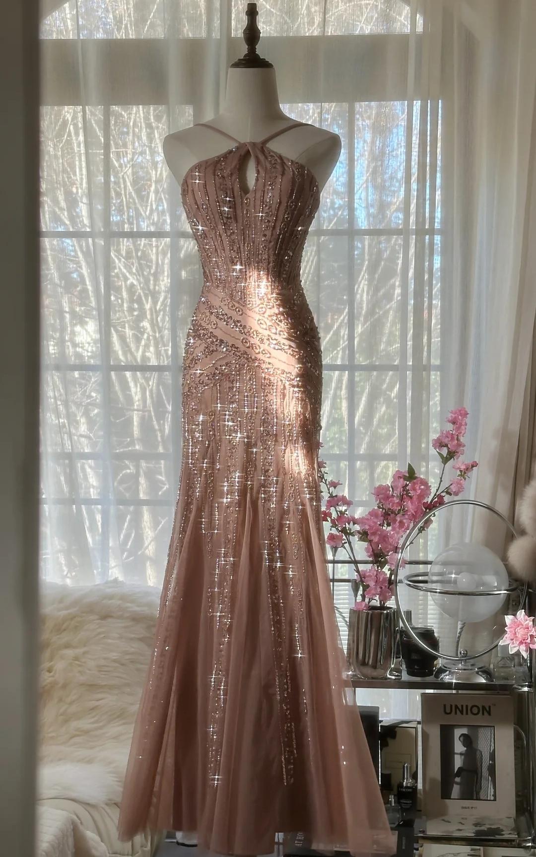 Elegant Blush Pink Spaghetti Strap Mermaid Tulle Sequin Long Prom Dress Beaded Graduation Prom Adult Ceremony Dress ED01763