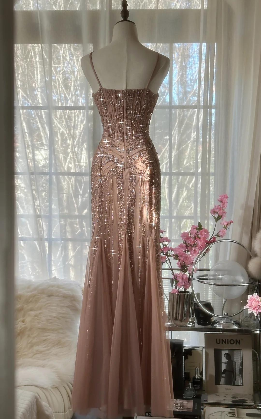 Elegant Blush Pink Spaghetti Strap Mermaid Tulle Sequin Long Prom Dress Beaded Graduation Prom Adult Ceremony Dress ED01763
