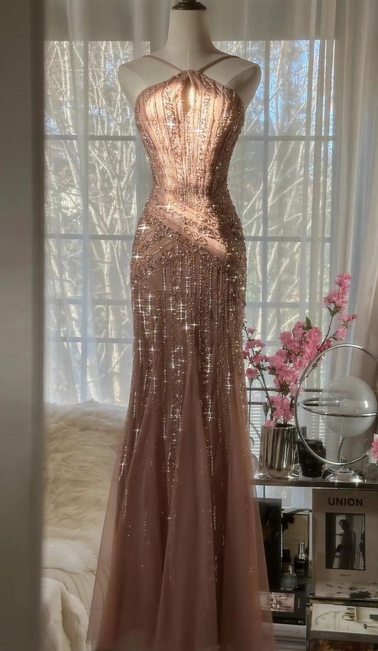 Elegant Blush Pink Spaghetti Strap Mermaid Tulle Sequin Long Prom Dress Beaded Graduation Prom Adult Ceremony Dress ED01763