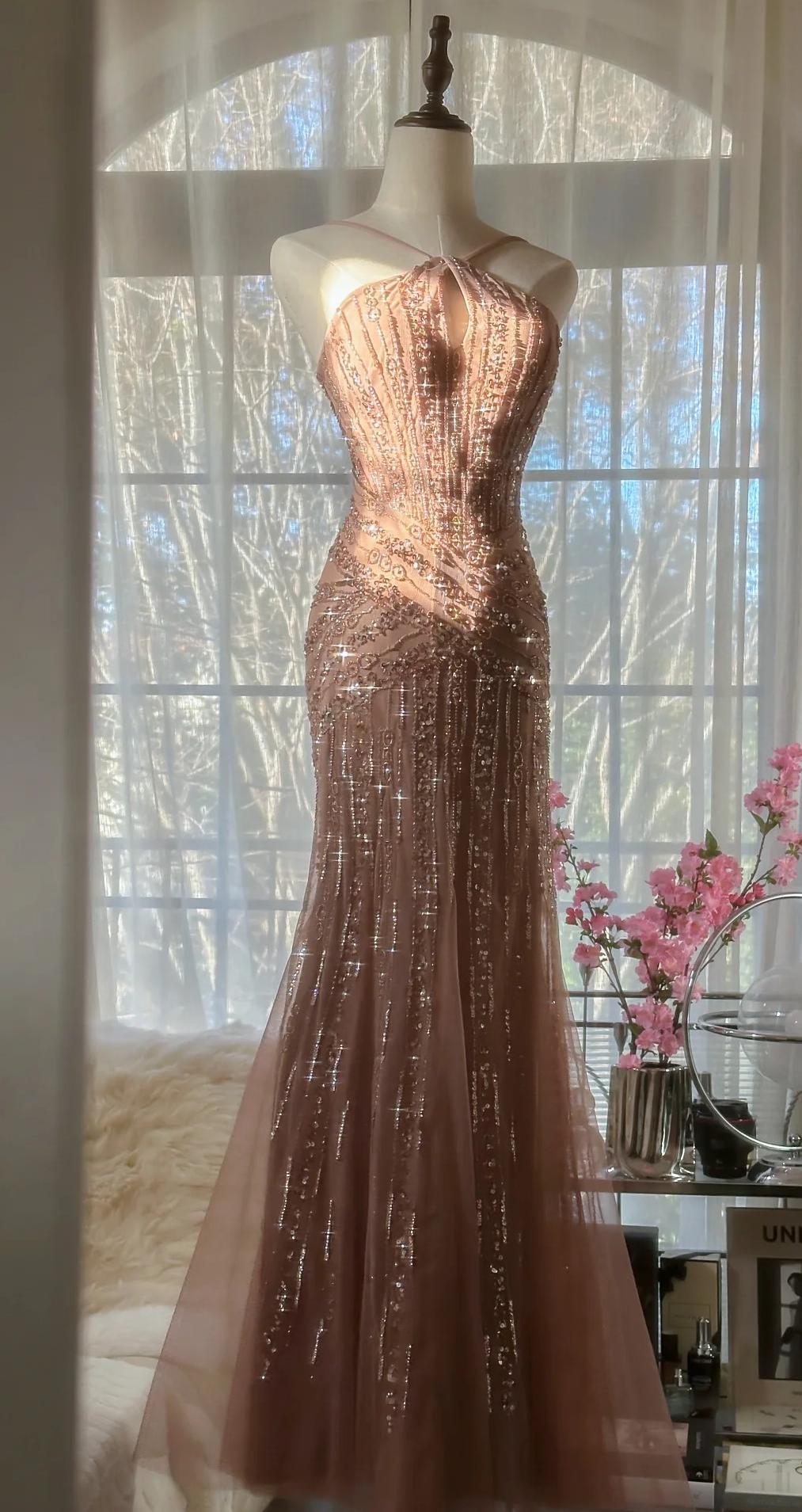 Elegant Blush Pink Spaghetti Strap Mermaid Tulle Sequin Long Prom Dress Beaded Graduation Prom Adult Ceremony Dress ED01763