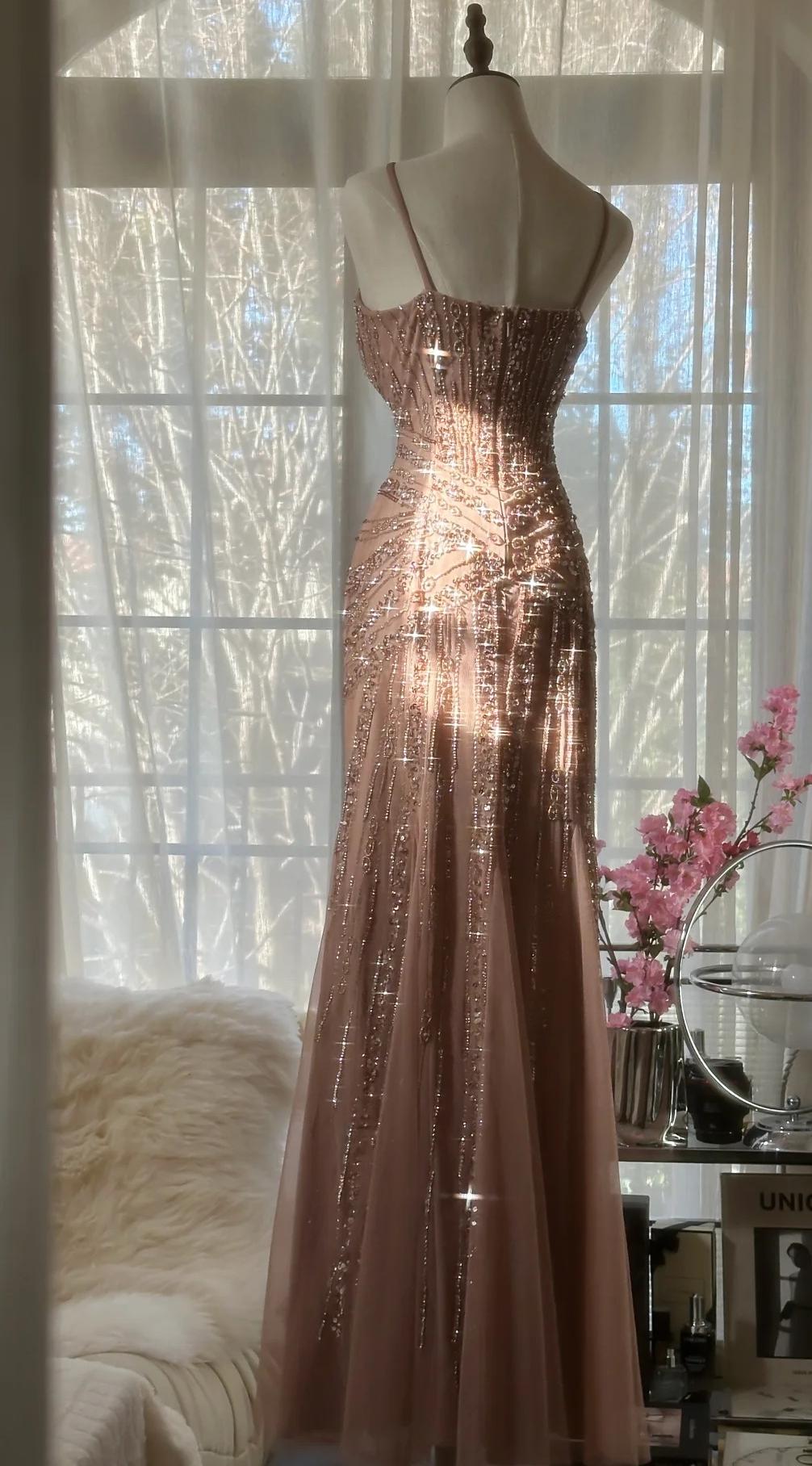 Elegant Blush Pink Spaghetti Strap Mermaid Tulle Sequin Long Prom Dress Beaded Graduation Prom Adult Ceremony Dress ED01763