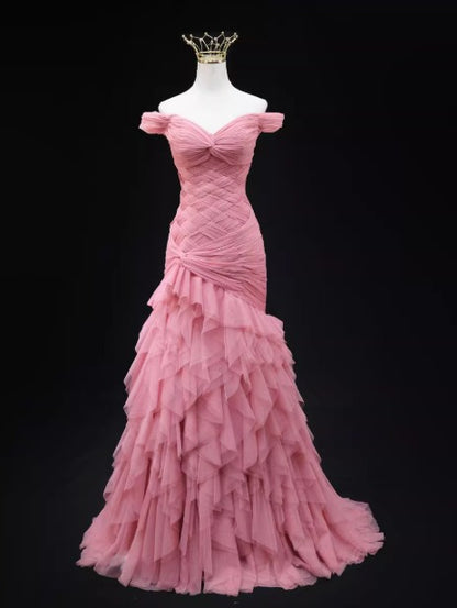 Robe de bal longue rose sirène en tulle à épaules dénudées, robe de cérémonie pour adulte ED01764