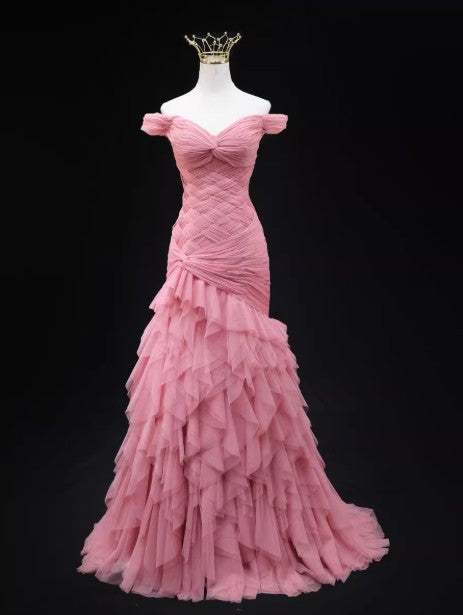 Robe de bal longue rose sirène en tulle à épaules dénudées, robe de cérémonie pour adulte ED01764