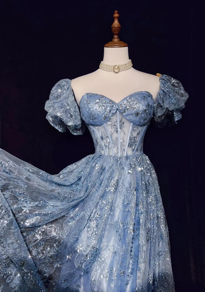 Blaues A-Linien-Abendkleid mit herzförmigem Ausschnitt und Tüll und Pailletten, langes Ballkleid, exquisites Geburtstagskleid, ED01766