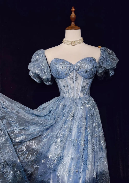 Blaues A-Linien-Abendkleid mit herzförmigem Ausschnitt und Tüll und Pailletten, langes Ballkleid, exquisites Geburtstagskleid, ED01766