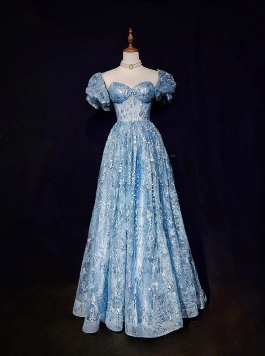Blaues A-Linien-Abendkleid mit herzförmigem Ausschnitt und Tüll und Pailletten, langes Ballkleid, exquisites Geburtstagskleid, ED01766