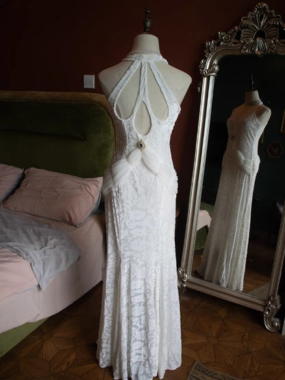 Weißes Meerjungfrau-Ballkleid aus Samtchiffon mit V-Ausschnitt ED01767
