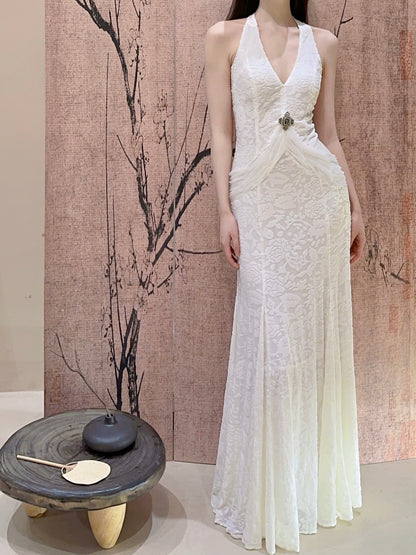 Weißes Meerjungfrau-Ballkleid aus Samtchiffon mit V-Ausschnitt ED01767