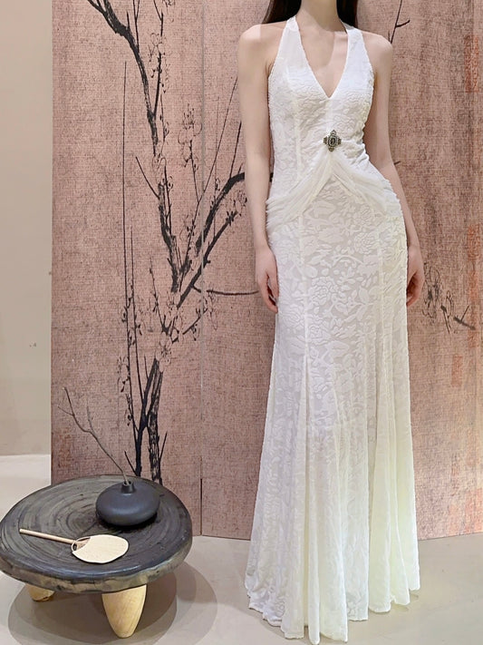 Weißes Meerjungfrau-Ballkleid aus Samtchiffon mit V-Ausschnitt ED01767