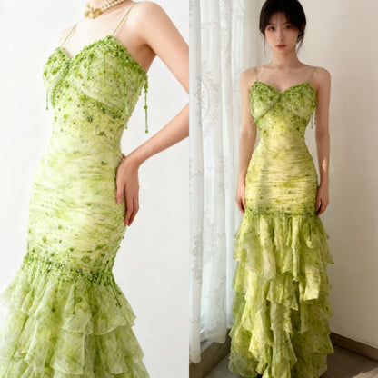 Fairytale Green Mermaid Vintage Party Dresses Sweetheart Chiffon Beaded Layed  Prom Dresses ED01769