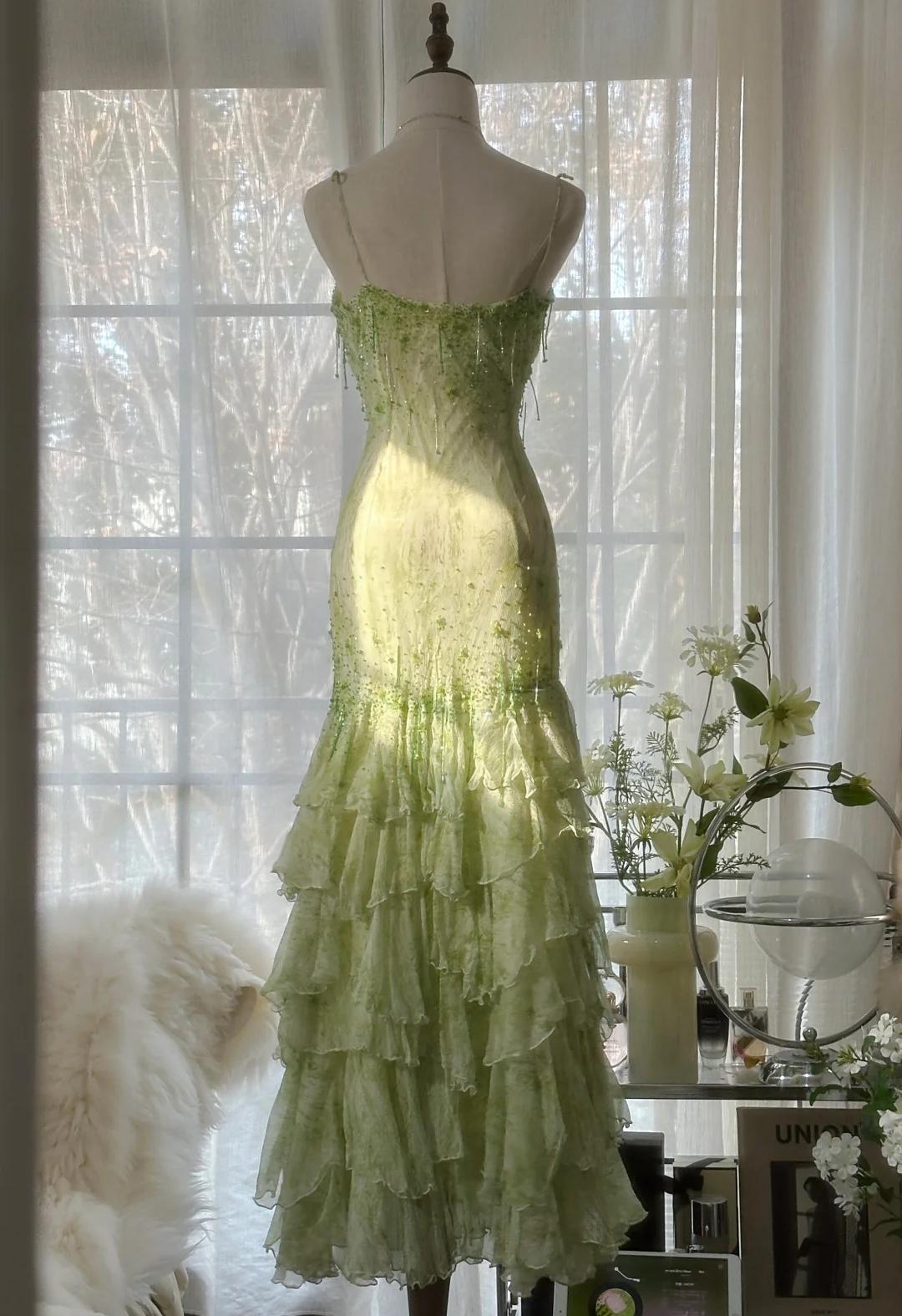 Green Spaghetti Straps Layed beaded Chiffon prom dresses