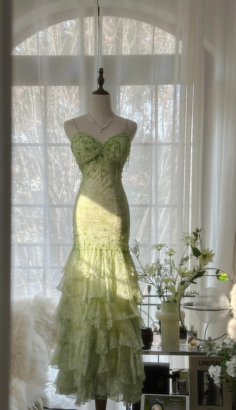 Fairytale Green Mermaid Vintage Party Dresses Sweetheart Chiffon Beade ...