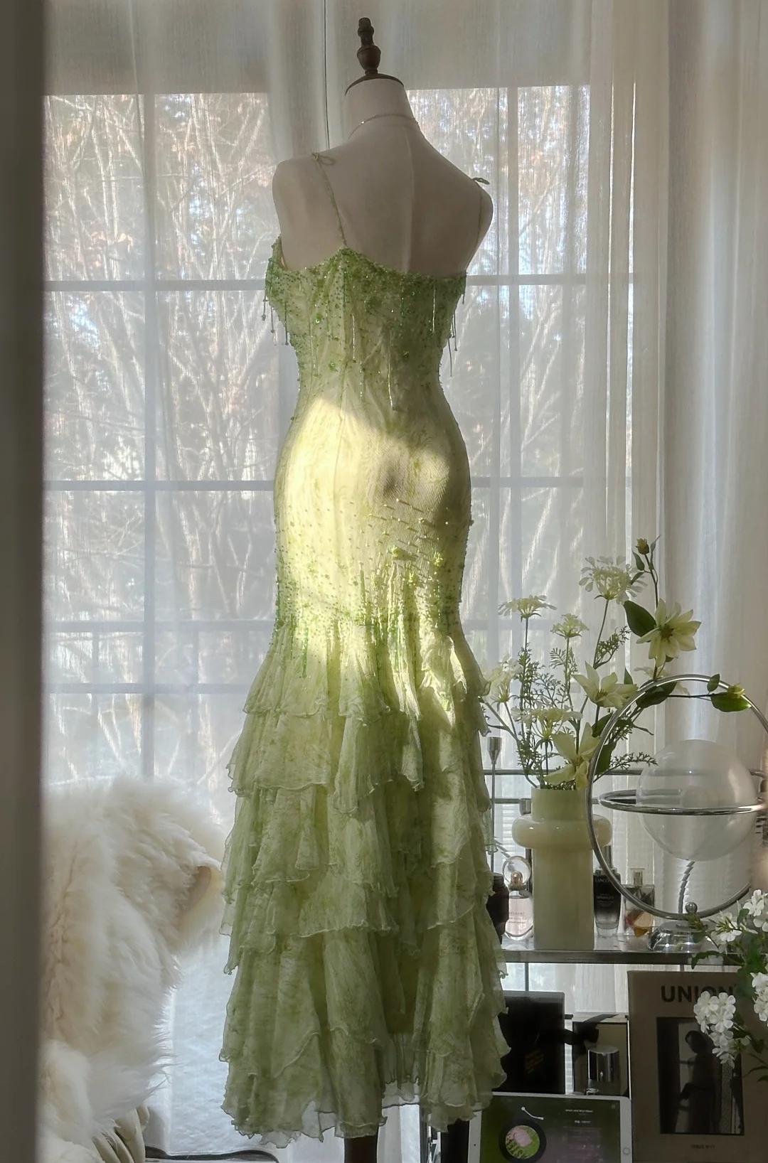 Green Spaghetti Straps Layed beaded Chiffon prom dresses