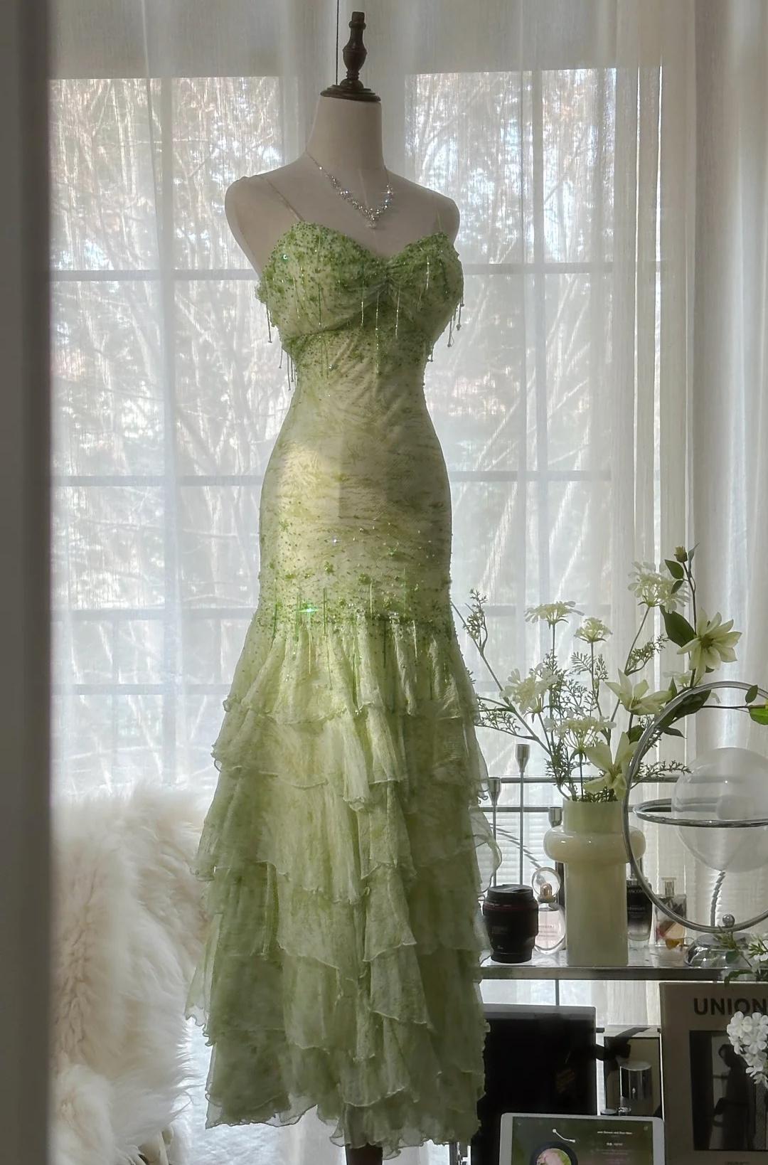 Green Spaghetti Straps Layed beaded Chiffon prom dresses