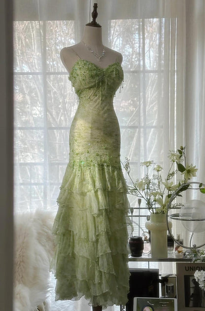 Green Spaghetti Straps Layed beaded Chiffon prom dresses