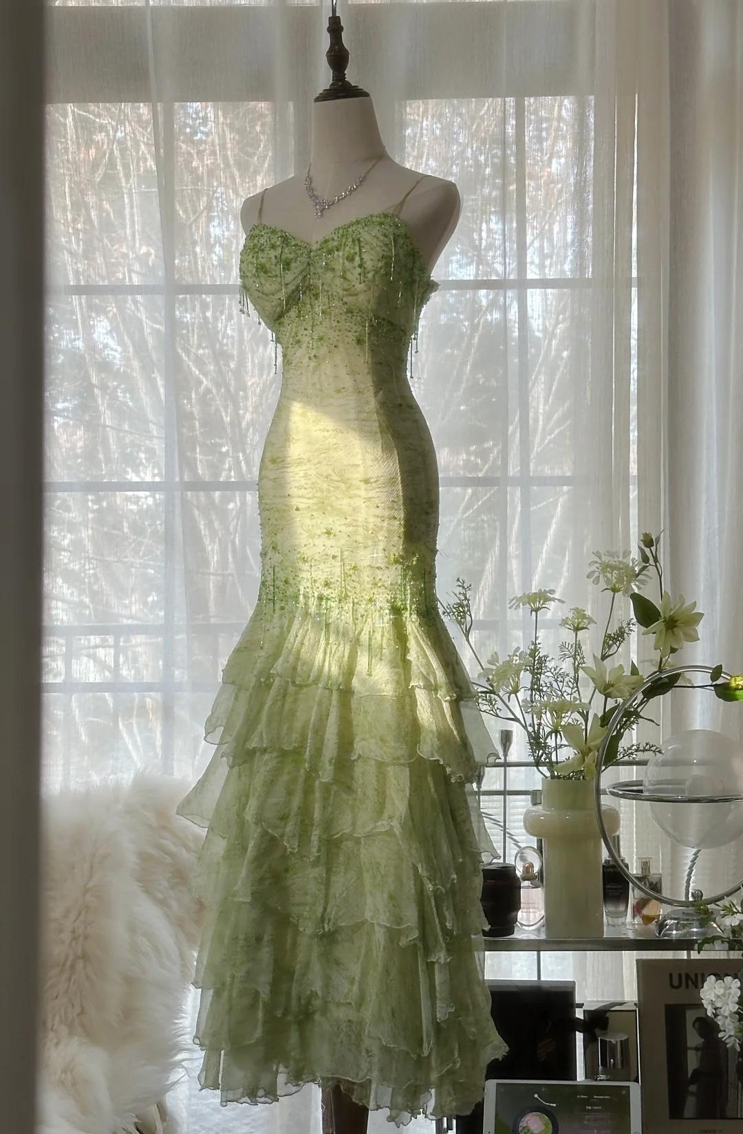 Fairytale Green Mermaid Vintage Party Dresses Sweetheart Chiffon Beade ...
