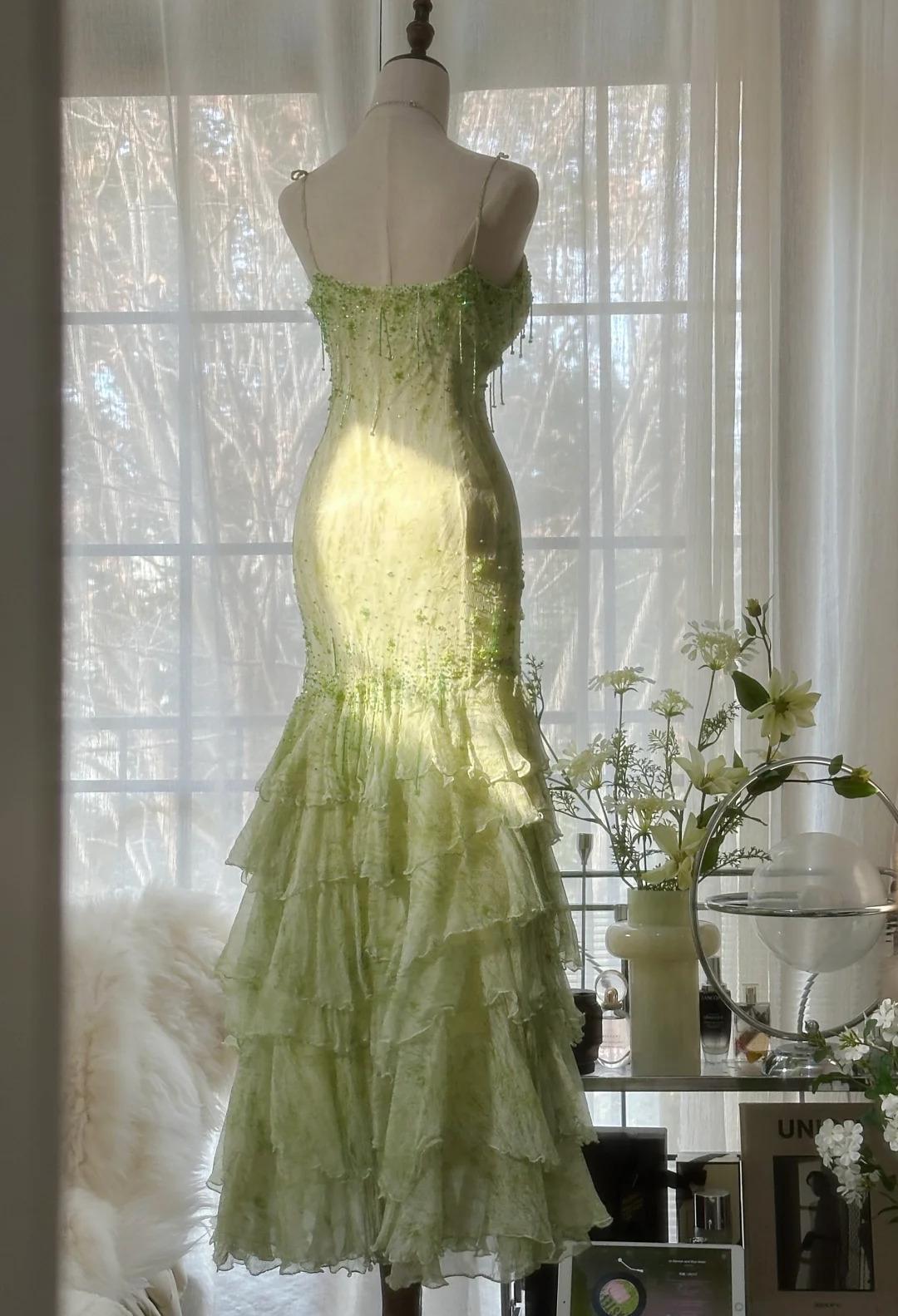 Green Spaghetti Straps Layed beaded Chiffon prom dresses
