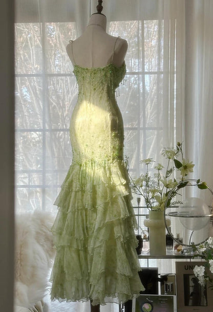 Green Spaghetti Straps Layed beaded Chiffon prom dresses