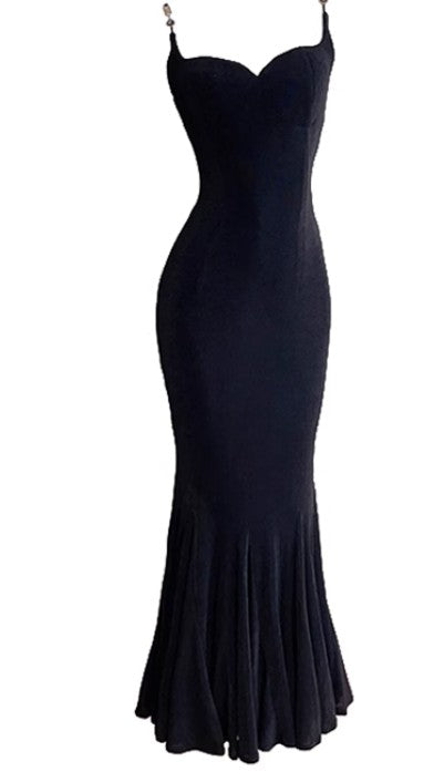 Robe de bal sirène noire élégante à bretelles spaghetti et dos nu ED01770