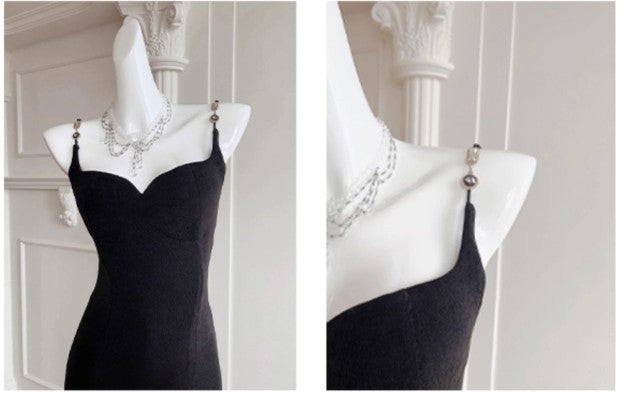 Robe de bal sirène noire élégante à bretelles spaghetti et dos nu ED01770