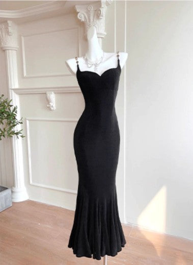 Robe de bal sirène noire élégante à bretelles spaghetti et dos nu ED01770
