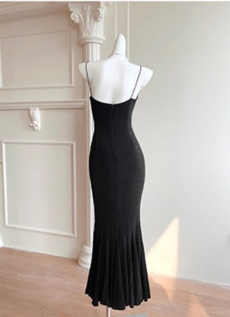 Robe de bal sirène noire élégante à bretelles spaghetti et dos nu ED01770