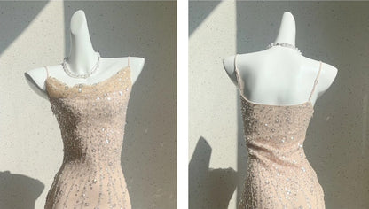 Robe de bal sirène rose chair à bretelles spaghetti en tulle et paillettes, robe d'anniversaire ED01771