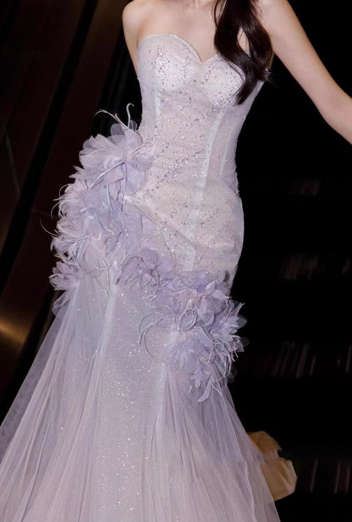 Robe de bal sirène violet clair à col en cœur et paillettes en tulle, robe de bal de Quinceaña, robe de mariée ED01773