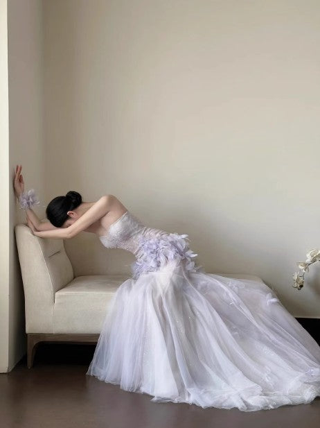 Robe de bal sirène violet clair à col en cœur et paillettes en tulle, robe de bal de Quinceaña, robe de mariée ED01773
