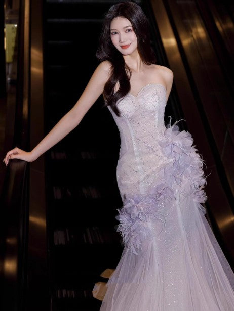 Robe de bal sirène violet clair à col en cœur et paillettes en tulle, robe de bal de Quinceaña, robe de mariée ED01773