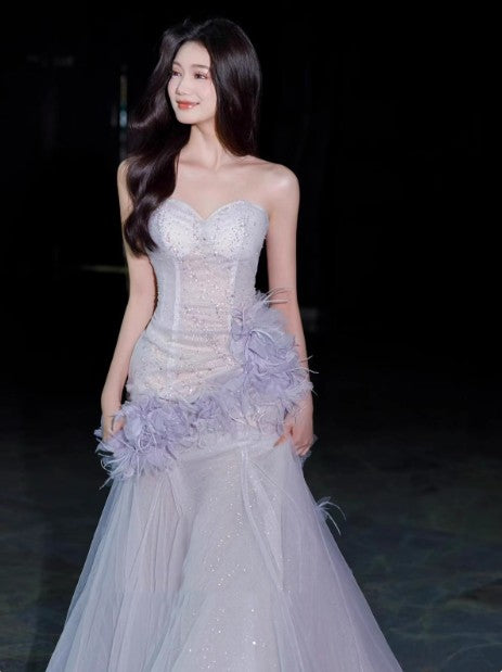Robe de bal sirène violet clair à col en cœur et paillettes en tulle, robe de bal de Quinceaña, robe de mariée ED01773