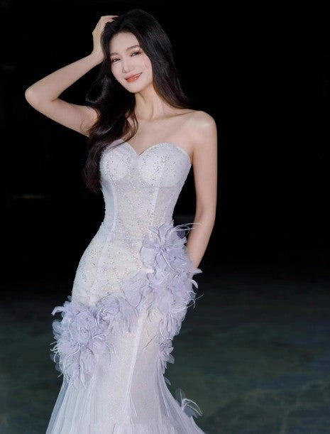 Robe de bal sirène violet clair à col en cœur et paillettes en tulle, robe de bal de Quinceaña, robe de mariée ED01773