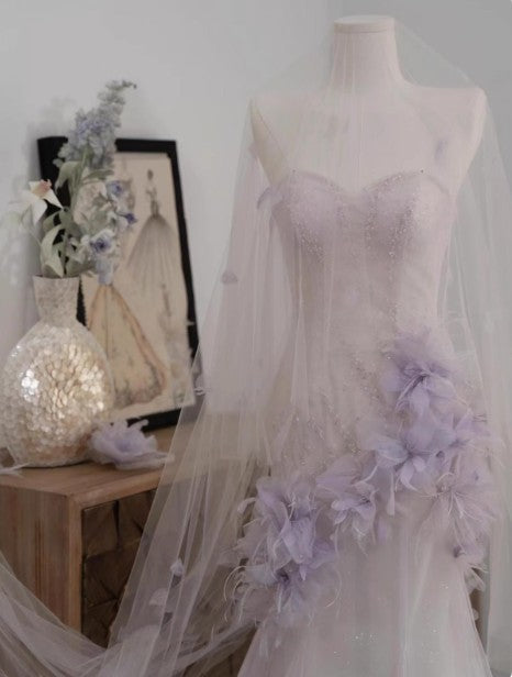 Robe de bal sirène violet clair à col en cœur et paillettes en tulle, robe de bal de Quinceaña, robe de mariée ED01773