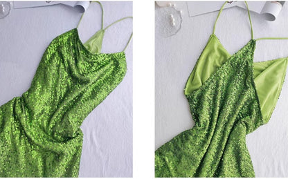 Robe de bal vintage verte à bretelles spaghetti et paillettes, robe d'anniversaire ED01774
