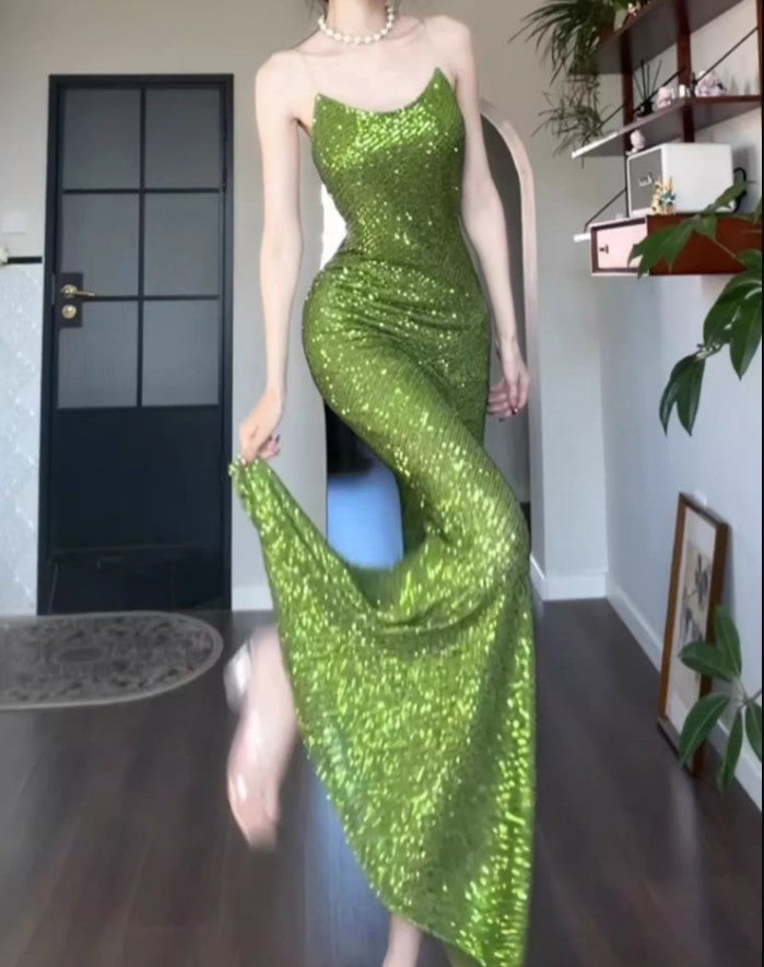 Robe de bal vintage verte à bretelles spaghetti et paillettes, robe d'anniversaire ED01774