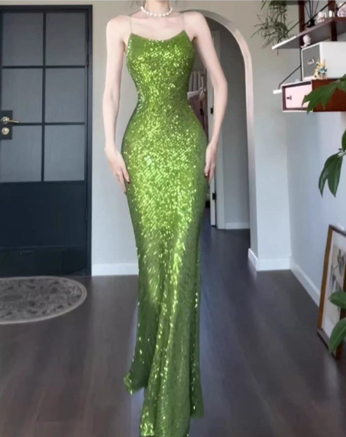 Robe de bal vintage verte à bretelles spaghetti et paillettes, robe d'anniversaire ED01774
