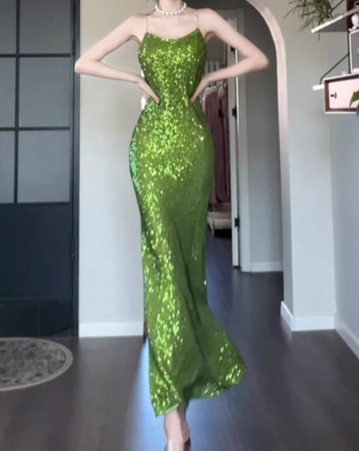 Robe de bal vintage verte à bretelles spaghetti et paillettes, robe d'anniversaire ED01774