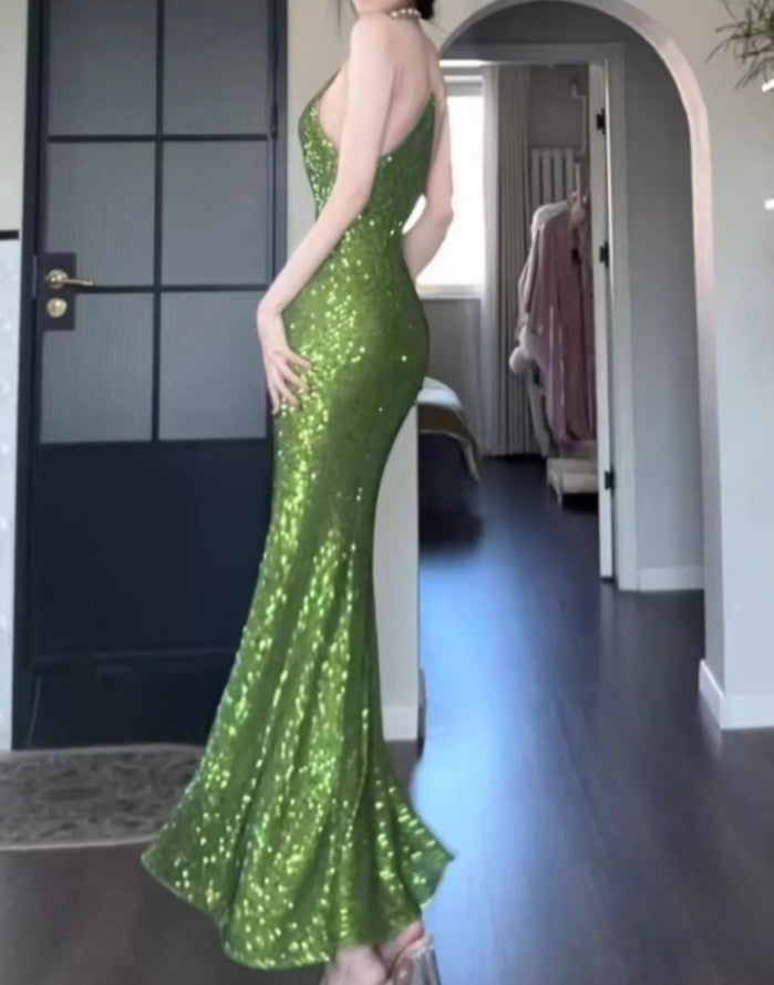 Robe de bal vintage verte à bretelles spaghetti et paillettes, robe d'anniversaire ED01774