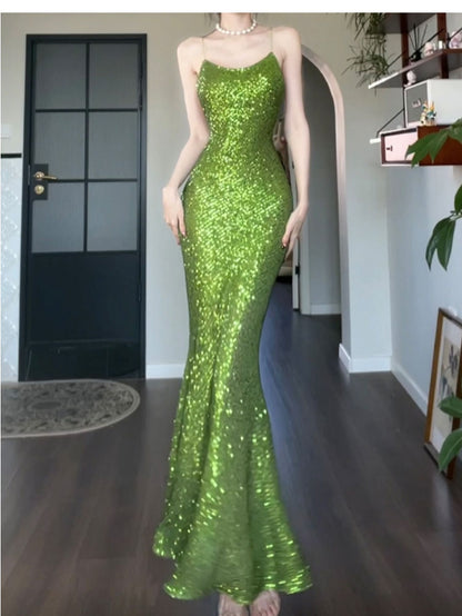 Robe de bal vintage verte à bretelles spaghetti et paillettes, robe d'anniversaire ED01774