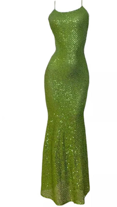 Robe de bal vintage verte à bretelles spaghetti et paillettes, robe d'anniversaire ED01774
