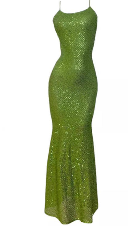 Robe de bal vintage verte à bretelles spaghetti et paillettes, robe d'anniversaire ED01774