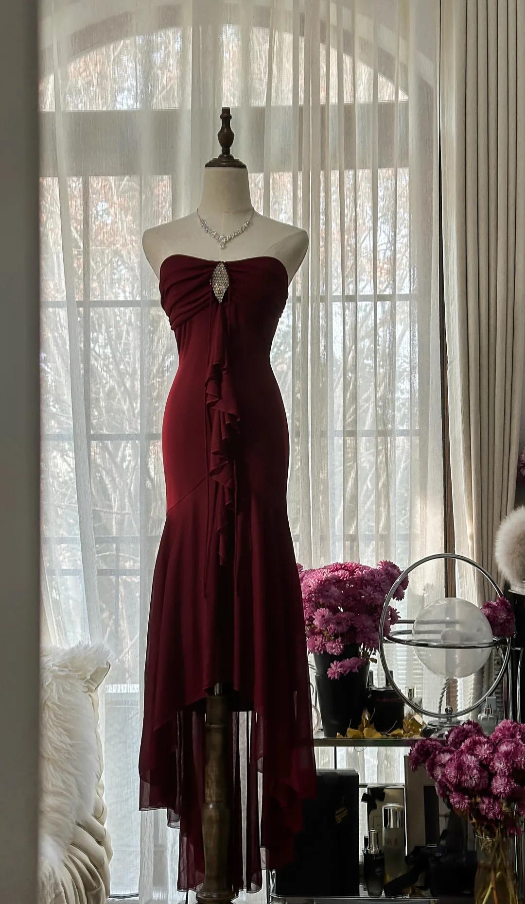 Vintage Red Mermaid Strapless Chiffon Prom Dress Graduation Prom Dress ED01775