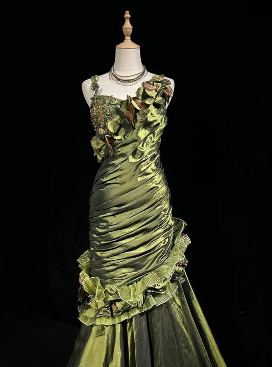 Robe de bal longue en satin vert foncé, style rétro, style sirène, décolleté irrégulier, avec perles, pour anniversaire, remise de diplôme, ED01776