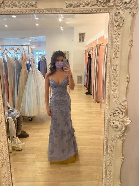 Jolie robe de bal sirène grise et violette à bretelles spaghetti en tulle et dentelle ED01777