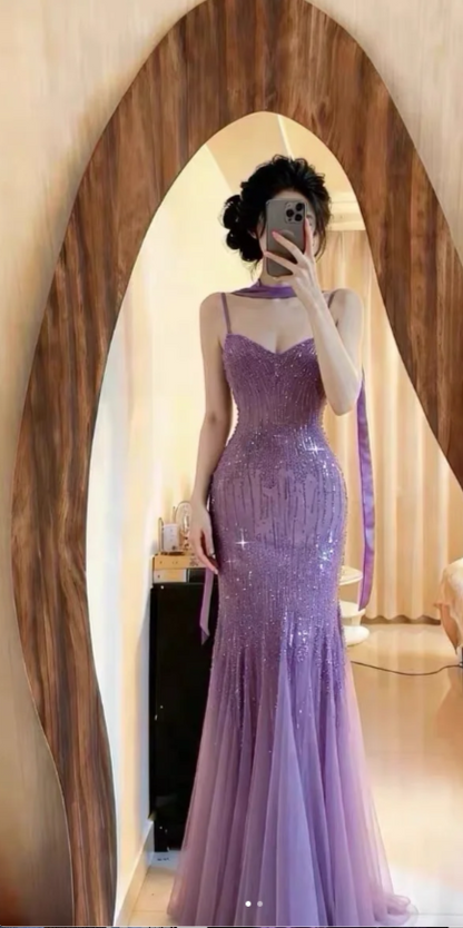 Sparkly  Spaghetti StrapsPurple Mermaid  Wedding Guest Dresses Beaded  Tulle Chiffon  Long Prom Dresses  ED01778