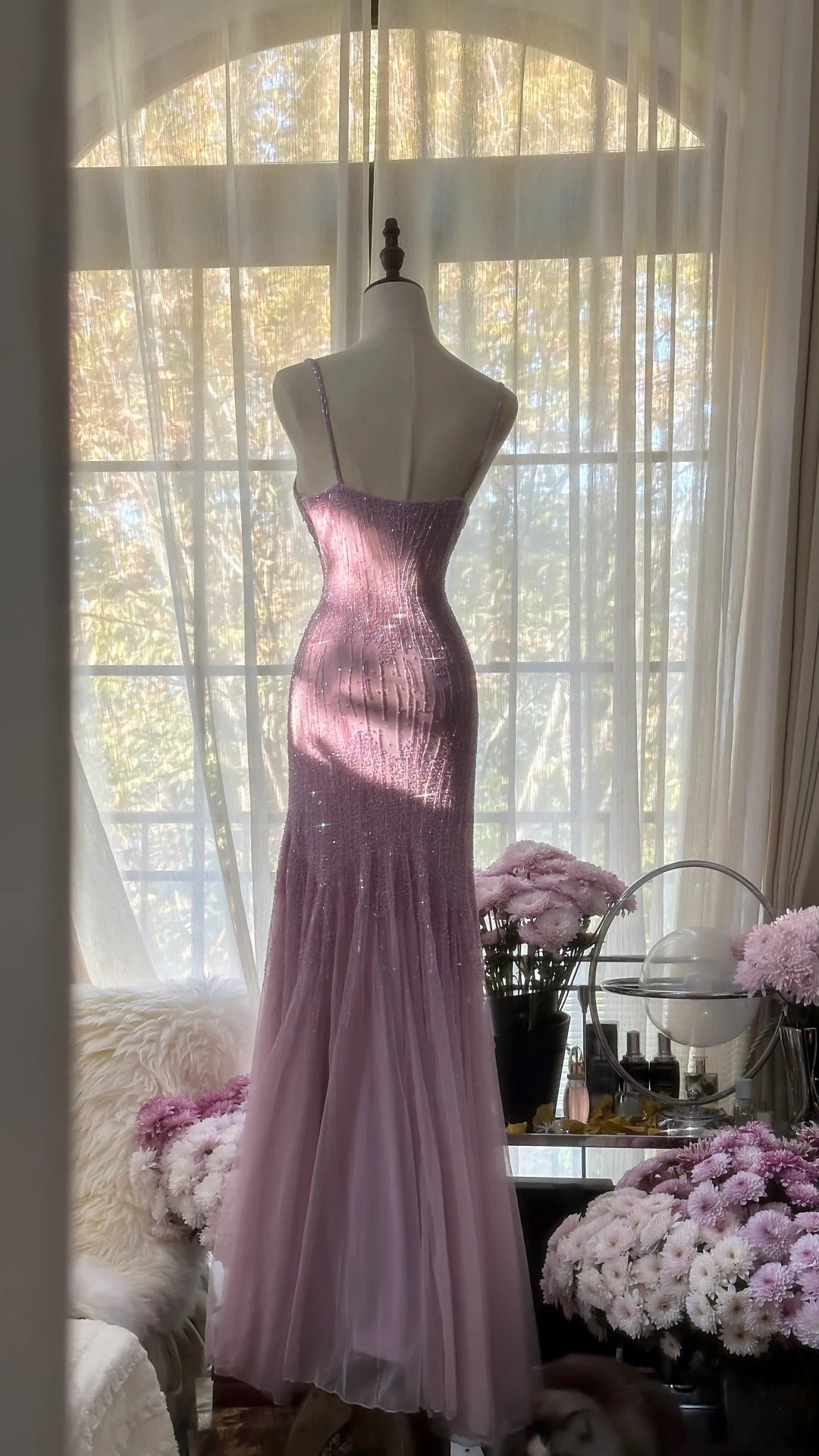Elegant Purple  Spaghetti Straps  Party Dresses Sparking Beaded Mermaid Tulle Chiffon Long Prom Dresses  ED01778