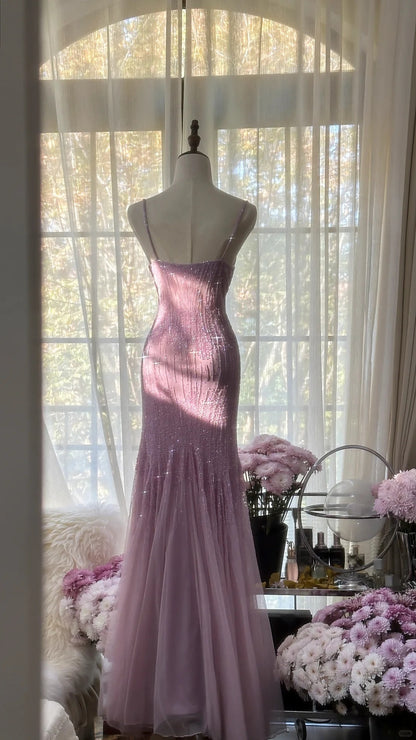 Purple Spaghetti Straps Backless Mermaid Gown for Prom&Party Sparking Squins Beaded Tulle&Chiffon Evening Gown 