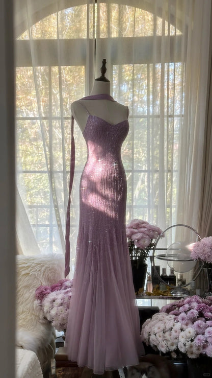 Elegant Purple  Spaghetti Straps  Party Dresses Sparking Beaded Mermaid Tulle Chiffon Long Prom Dresses  ED01778