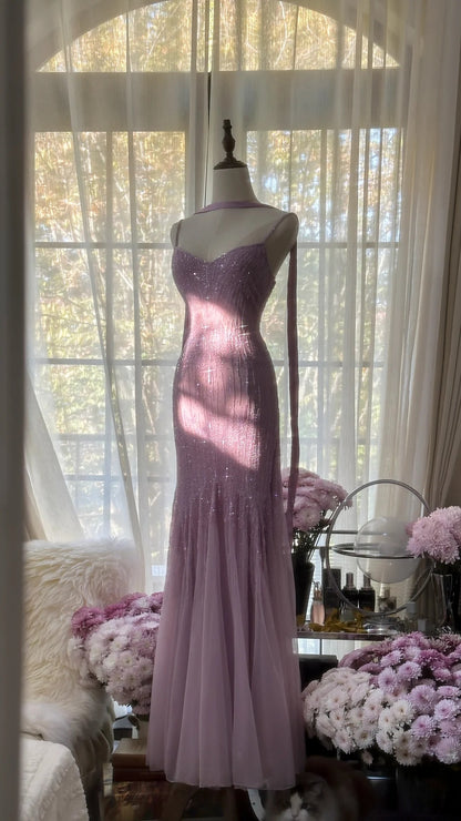 Elegant Purple  Spaghetti Straps  Party Dresses Sparking Beaded Mermaid Tulle Chiffon Long Prom Dresses  ED01778