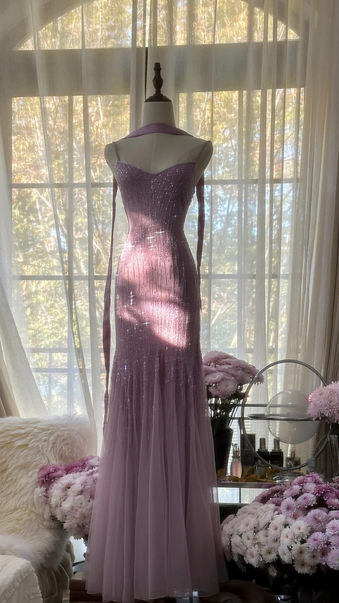 Elegant Purple  Spaghetti Straps  Party Dresses Sparking Beaded Mermaid Tulle Chiffon Long Prom Dresses  ED01778